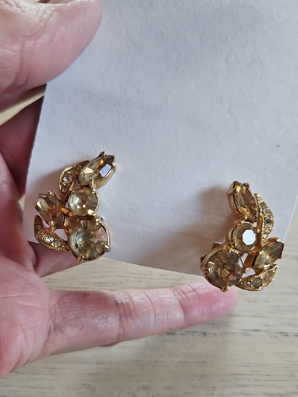 EISENBERG ICE Gold Tone Champagne and Clear Rhinestone Curved Clip Earrings - Picture 3 of 7